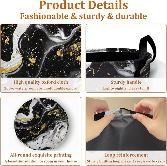 Black White Marble Laundry Basket with Sturdy Handles, Collapsible Oxford Cloth Laundry Hamper Organizer Basket for Bathroom Bedroom 15.7x20 Inch