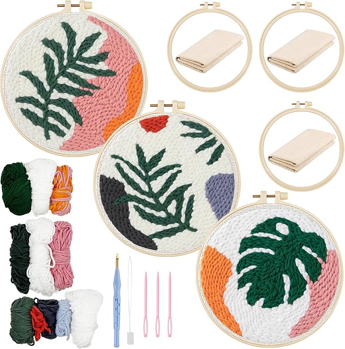 Allazone 3 Set Punch Needle Embroidery Starter Kits for Beginners, Include Punch Needle Fabric with Leaf Pattern, Yarns, Embroidery Hoops, Threader Tools and Instructions (Leaf)