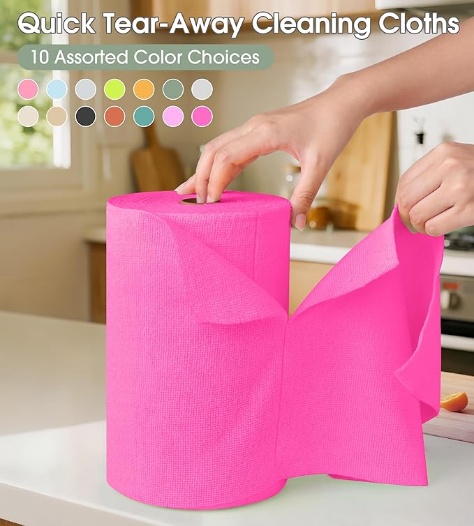 KitchLife Microfiber Cleaning Cloth Roll, 100 Pack - Tear-Away Microfiber Paper Towels, Lint-Free, Reusable, Washable for Kitchen, Car, Dishes, and Sensitive Surfaces (Hot Pink)