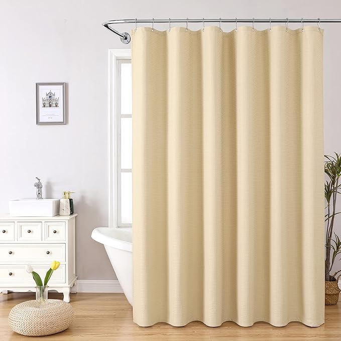 MISS SELECTEX Matt Waffle Thick Cloth Shower Curtain for Bathroom,Waterproof 230GSM Durable Fabric Hotel Shower Curtain, Machine Washable Shower Curtain,Spa Luxury Bath Curtain (72Wx96H, Linen)