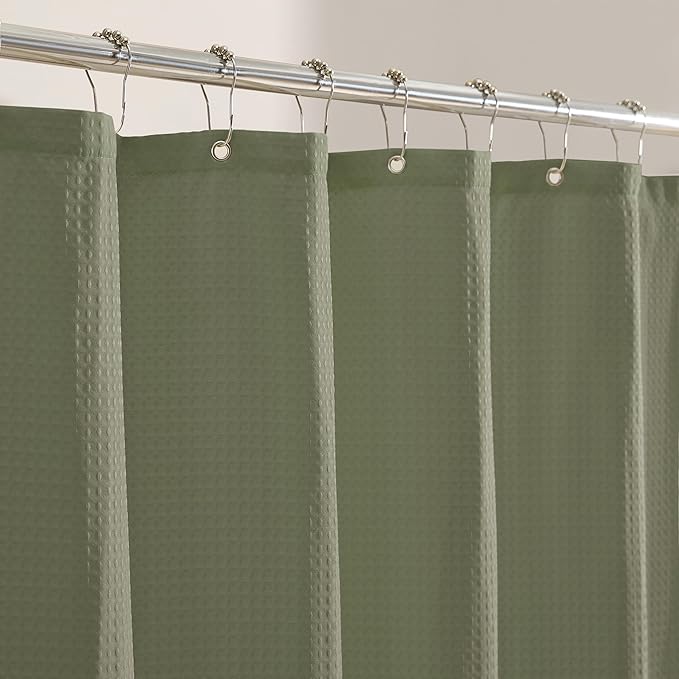 MONDAY MOOSE Scalloped Waffle Weave Shower Curtain with Rustproof Metal Grommet Holes for Bathroom, Machine Washable, Hooks Included (72x72 inch, White/Sage)