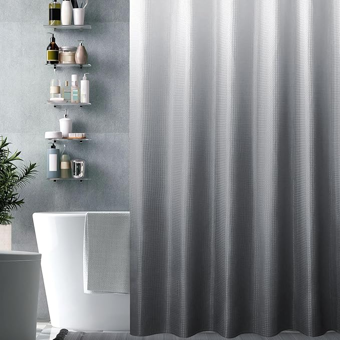 Gibelle Long Shower Curtain 72 x 78, Tall Grey Ombre Shower Curtain for Bathroom, Waffle Weave Fabric Shower Curtain Set with Hooks, Water Repellent, Machine Washable