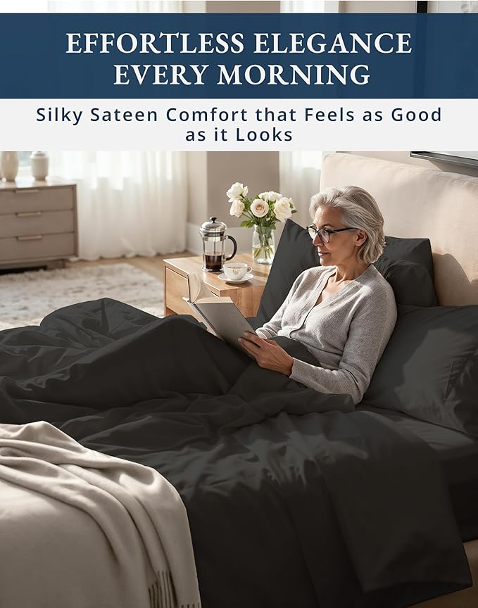 LANE LINEN 100% Egyptian Cotton Sheets Set Full Size Bed - 1000 Thread Count, Fully Elasticized Reinforced Seams Extra Deep Pocket Full Sheets Set, No Pill Fade Resistant Cooling - Black