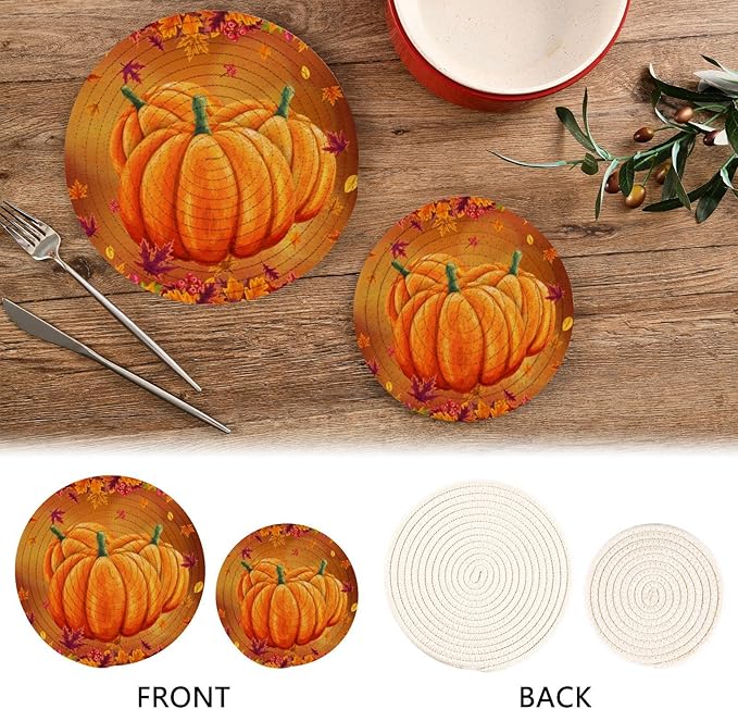 Boccsty Pumpkin Autumn Leaf Trivet Mat 2PCS Round Woven Potholders Kitchen Table Countertop Protector Hot Pads Farmhouse Coasters Counter Mats for Cooking Baking