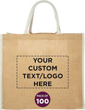DISCOUNT PROMOS Custom Fresno Eco Friendly Jute Tote Bags Set of 100, Personalized Bulk Pack - Reusable, Great for Tradeshows, Grocery, Shopping and Outdoor Events - Light Beige
