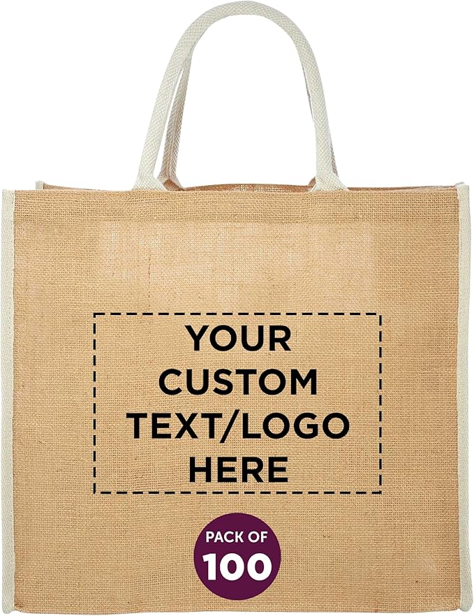 DISCOUNT PROMOS Custom Fresno Eco Friendly Jute Tote Bags Set of 100, Personalized Bulk Pack - Reusable, Great for Tradeshows, Grocery, Shopping and Outdoor Events - Light Beige