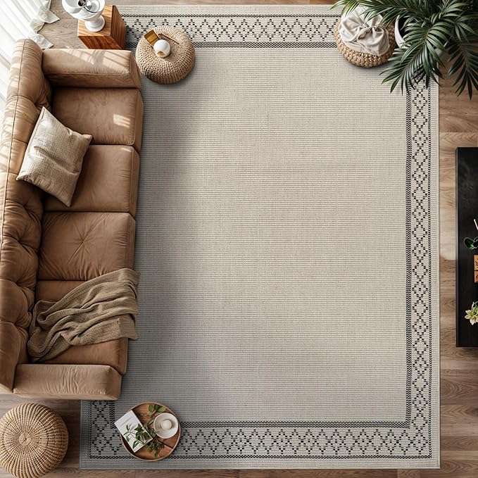 Easy Jute Rugs 9x12 Frame Bone Color Living Room Indoor Outdoor Area Rug for Patio and Kitchen Rug High Traffic Washable Easy to Clean Solid Boho Woven Design Carpet (9 x 12)