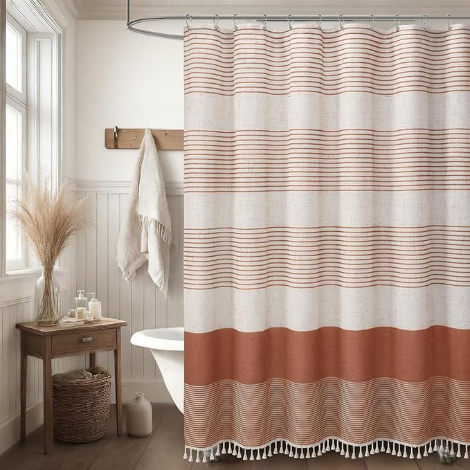 XOGUIBO Coral Shower Curtain Boho Linen Striped Shower Curtains for Bathroom with Tassel 72 X 72