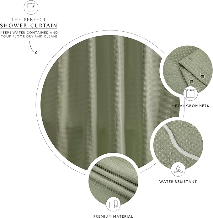 MONDAY MOOSE Scalloped Waffle Weave Shower Curtain with Rustproof Metal Grommet Holes for Bathroom, Machine Washable, Hooks Included (72x72 inch, White/Sage)