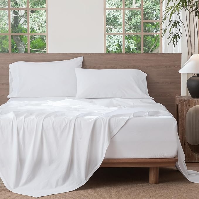 MooMee Bedding Sheet Set 100% Washed Cotton Linen Like Textured Breathable Durable Soft Comfy (Solid Bright White, Twin)