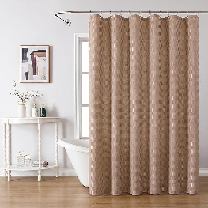 meioro Beige Shower Curtain, Waffle Weave 256GSM Heavy Duty Textured Fabric Shower Curtains for Bathroom Hotel Spa, Luxury Weighted Polyester Cloth Bath Curtain Set with 12 Hooks, 72Wx72H