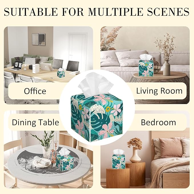 POIUBLE Tropical Flowers and Palm Leaves Tissue Box Cover Leather Tissue Box Holder Square Facial Paper Organizer Dispenser for Bathroom Kitchen Bedroom Vanity Countertop Night Stands