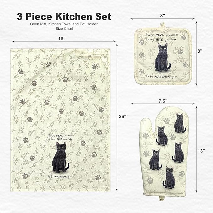 Black Cat 3-Piece Kitchen Set - Oven Mitt, Pot Holder & Kitchen Towel Set, Heat Resistant up to 420 F, Soft Quilted Cotton for Cooking, Baking, BBQ, Pet Lover Gifts (Black Cat)