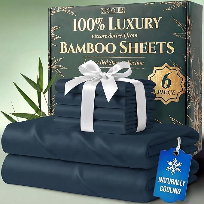DECOLURE 100% Viscose Derived from Bamboo Sheets California King Size - Luxury 6 Pc Naturally Cooling Sheets, Ultra Soft Bed Set - Deep 17" Pockets, Double Stitching, Oeko Tex Standard (Navy Blue)