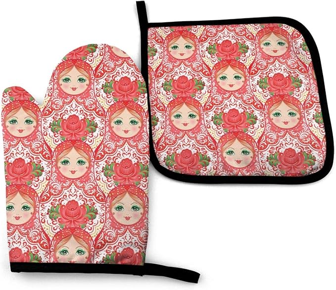 Traditional Russian Nesting Doll with Flowers Oven Mitts and Pot Holders Insulated Gloves & Kitchen Counter Safe Mats for Cooking BBQ Baking Grilling (2-Piece Set)