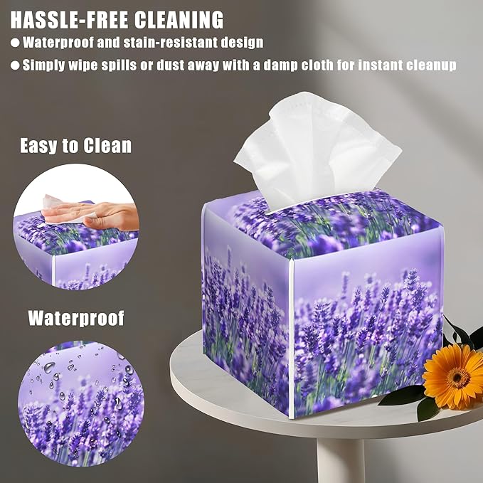 BLYKVGHQ Lavender Flowers Tissue Box Cover Square, Tissue Box Holder with Bottom Belt Leather Facial Paper Organizer Dispenser for Bathroom Bedroom Dresser Night Stand Tabletop