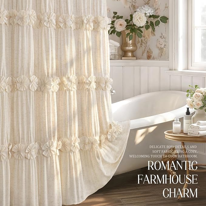 XOGUIBO Linen Ruffle Shower Curtain with Handmade Bow Tie,Vintage Farmhouse Shower Curtain for Bathroom, 72" W x 72" H