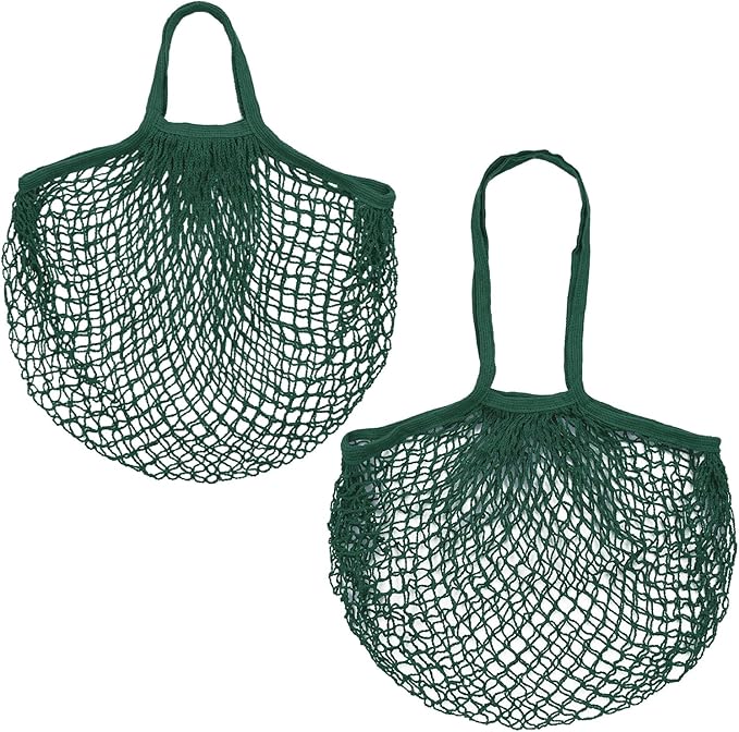 M METERXITY 2-Pack Cotton Mesh Bag, Reusable Washable Mesh Net String Grocery Bags, Reusable Produce Bags with Handle, Net Tote Bag for Fruits Shopping [Dark Green, Long&Short Handle]