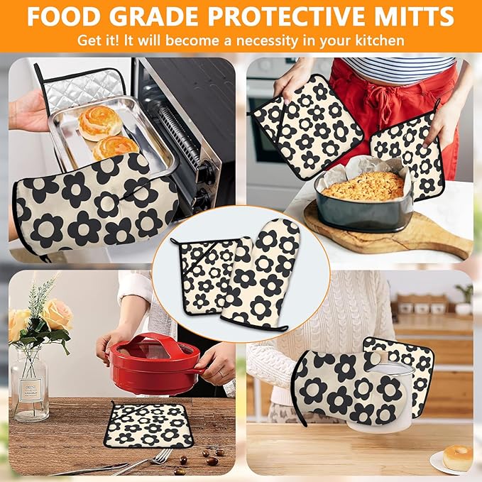 Daisy Flowers Oven Mitts and Pot Holders Sets 4Pcs,Extra Long Oven Gloves Potholder for Kitchen Cooking Baking BBQ 100% Cotton Heat Resistant
