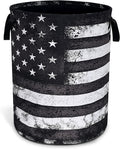 Black White American Flag Laundry Basket Vintage Usa Flag Oxford Cloth Laundry Hamper With Handle Foldable Portable Clothes Storage Basket 18.9 X 16.5 In Storage Bag For Laundry Room/Bathroom/Bedroom