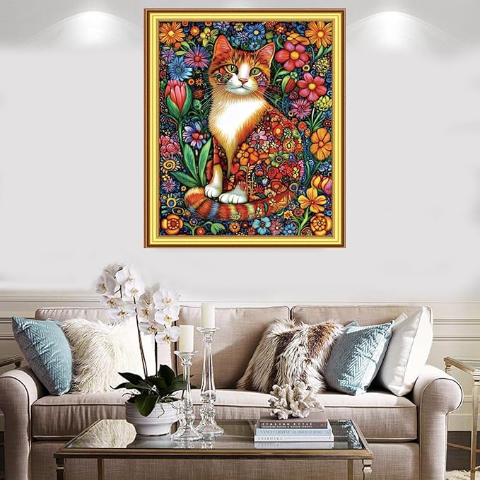 Foxnyart Stamped Cross Stitch Kits Full Range of Embroidery Needlework Starter Kits for Beginners Adults 11CT Embroidery Patterns Art Crafts DIY Needlepoint Kit-Colorful Flower Cat 16x20 inchs