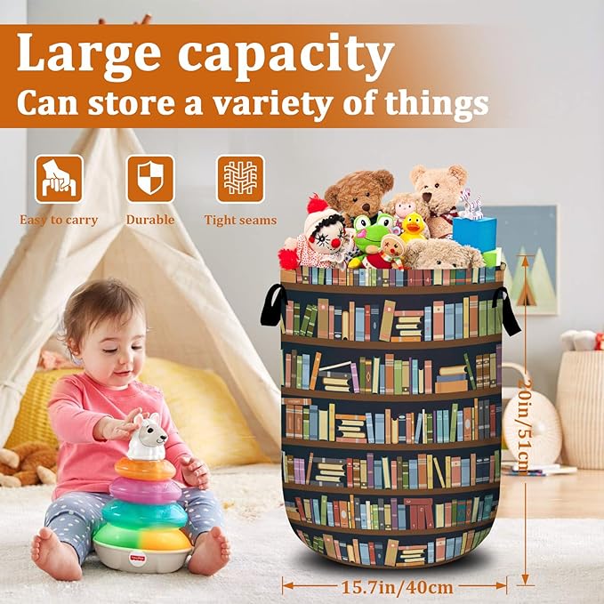 Bookshelf Laundry Basket with Sturdy Handles, Books Collapsible Oxford Cloth Laundry Hamper Organizer Basket for Bathroom Bedroom 15.7x20 Inch