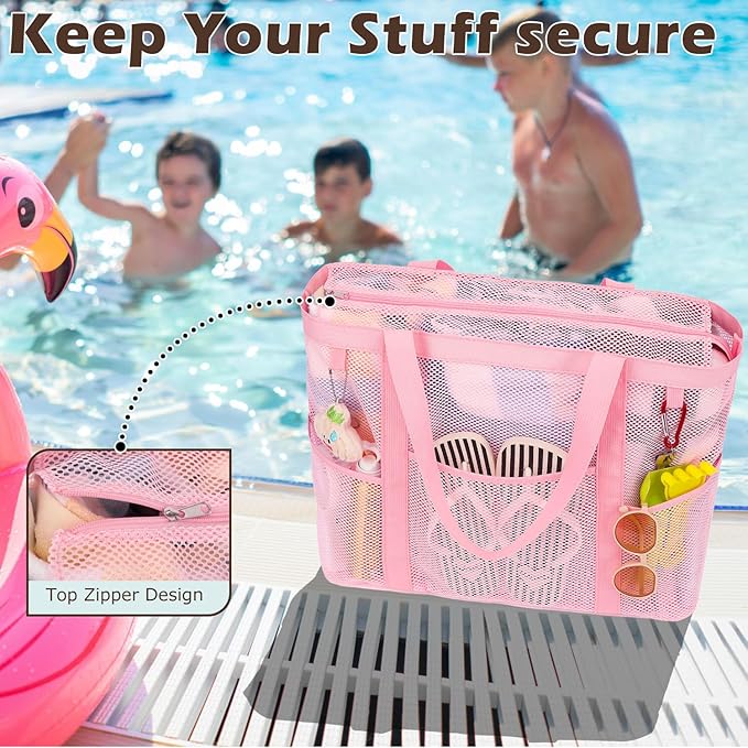 Fammart Mesh Beach Bag, Large Beach Tote Bags with Zipper, Toys Pool Bag for Family Travel Vacation Cruise Essentials