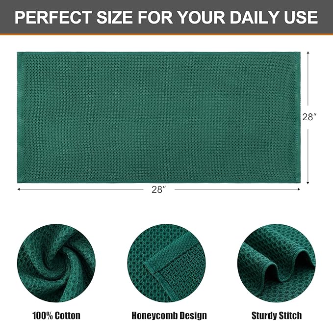 Kitinjoy 100% Cotton Waffle Weave Kitchen Towels, 4-Pack Super Soft and Absorbent Dish Towels for Drying Dishes, Kitchen Hand Towels, 13 in x 28 in, Dark Green