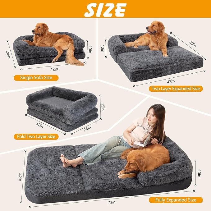 Foldable Human Dog Sofa Bed, 73x42x10 in Faux Fur Orthopedic Pet Bed with Egg Foam Mattress, Portable Dog Bed for Adults, Camping Indoor Use