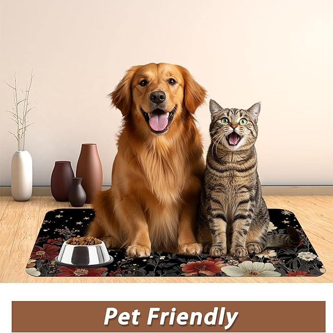 Moon Butterfly Pet Feeding Mat,Vintage Garden Luxury Absorbent Quick-Dry Cat Dog Food and Water Bowl Mats,Non-Slip Rubber Backing Mat,Cat Dog Accessories Supplies 12"x20"
