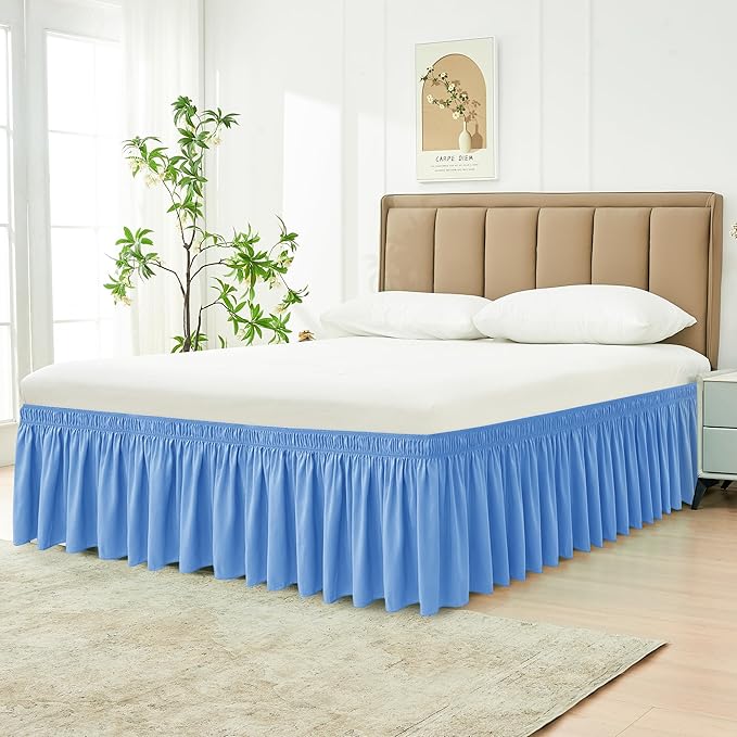 Biscaynebay Wrap Around Bed Skirts for King & Cal King Beds 15" Drop, Denim Blue Elastic Dust Ruffles with Adjustable Belts Silky Luxrious Fabric Machine Washable
