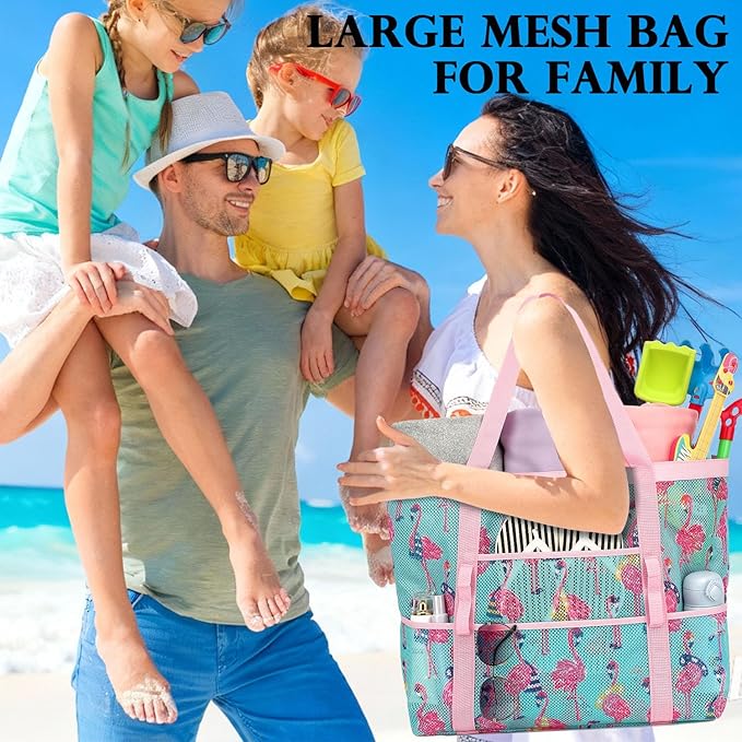 Fammart Mesh Beach Bag, Large Beach Tote with Zipper Pocket for Family Pool Bag for Toys & Vacation Essentials