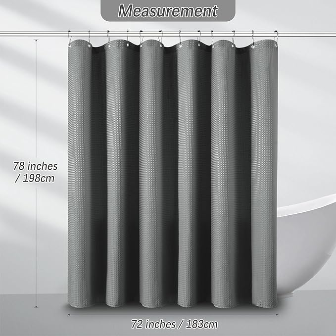 PANGSINNE Shower Curtain Gray Waterproof Waffle Weave Fabric, 256GSM Heavy Duty Thick Shower Curtain Set for Bathroom, Hotel Spa Luxury Modern Shower Curtains with 12 Metal Hooks, 72Wx78H Grey