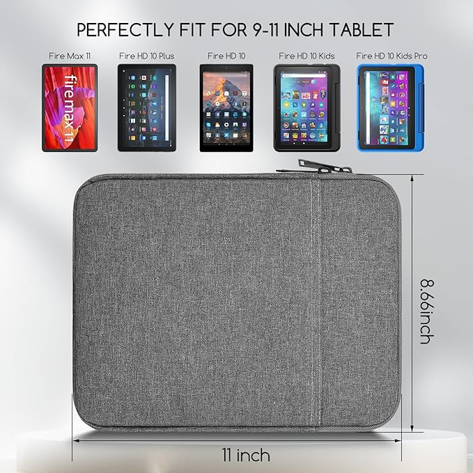 9.7-11 Inch Tablet Sleeve Case Bag Compatible with Amazon Fire Max 11 Tablet / 10.1" Fire HD 10 Plus/Fire HD 10 Kids Pro,iPad Pro 11-inch M5 M4/Air M3 M2/iPad 11th Protective Carrying Bag(Grey)