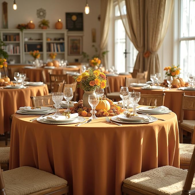 sancua Thanksgiving Round Tablecloth 120 Inch Diameter, 8 Pack Bronze, Circle Polyester Fabric Light Brown Fall Table Cloth Cover for Harvest Wedding Party Reception Banquet (Fit 48-96 Inch Tables)