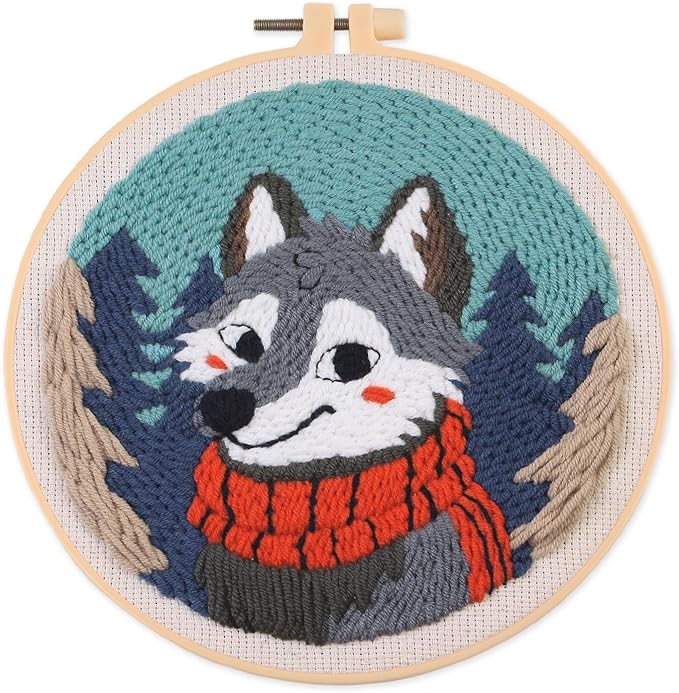 Myfelicity Punch Needle kit, a Beginner Set with Wolf Pattern Design, Suitable for Beginners and Adults with 7.9-inch Hoop