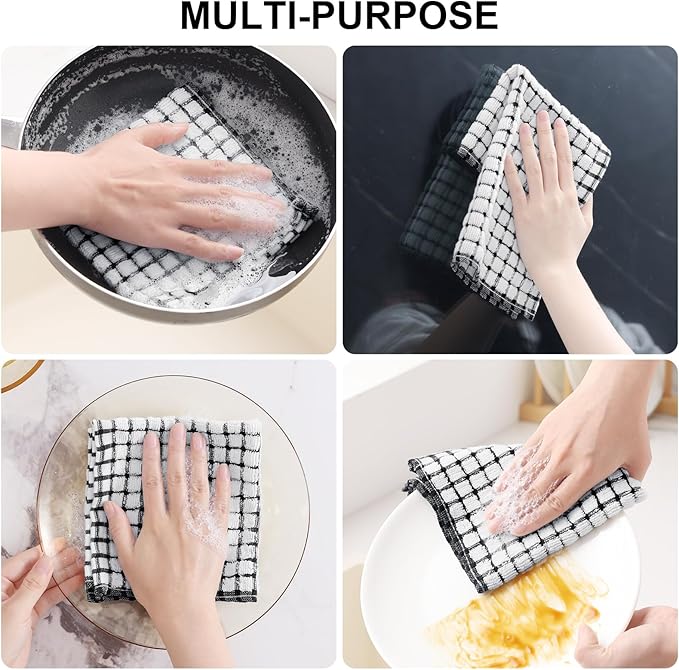 Kitinjoy Cotton 12 Pack Terry Kitchen Dish Cloths, 12 x 12 Inches Super Soft and Absorbent Dish Rags, Quick Drying Dish Towels for Washing Dishes, Black