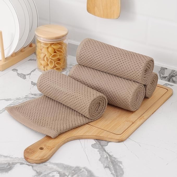 Kitinjoy 100% Cotton Waffle Weave Kitchen Towels, 4-Pack Super Soft and Absorbent Dish Towels for Drying Dishes, Kitchen Hand Towels, 13 in x 28 in, Tan