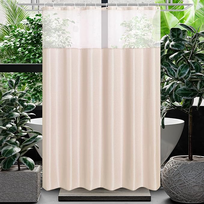 Gibelle Waffle Weave Shower Curtain with Mesh Top Window and Hooks Set, Spa Like Hotel Style Fabric Shower Curtain for Bathroom, Blush Pink, 72x72