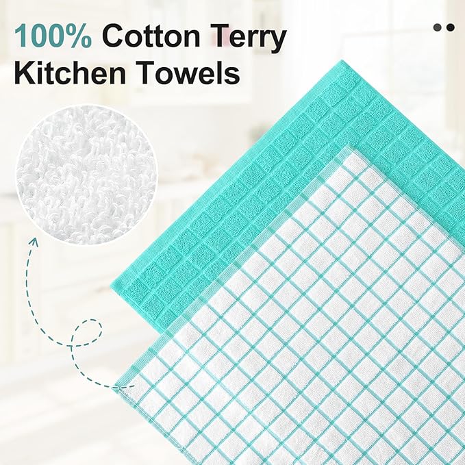 Homaxy Premium Cotton Kitchen Towels 16"x 28", Large Natural Ring Spun 390 GSM Dish Towels, Super Absorbent Terry Kitchen Hand Towels, Soft Tea Towels with Hanging Loop, Aqua Check Design, 12 Pack