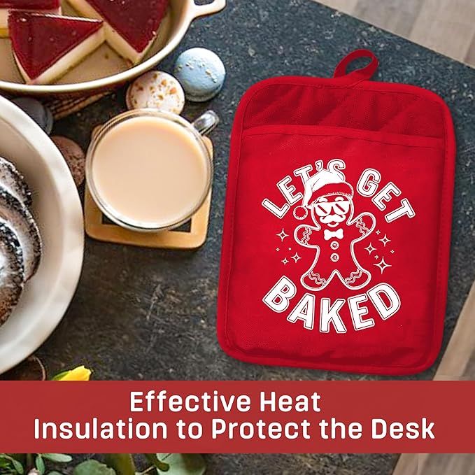 Funny Gingerbread Christmas Baker Pot Holders with Pockets, Let's Get Baked Christmas Gingerbread Man Oven Pot Holders Heat Resistant Oven Mitts Hot Pads for Kitchen Baking Cooking