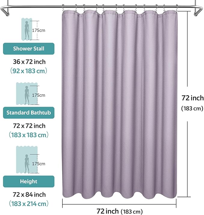 Vipfree 3 in 1 Shower Curtain Set, Waffle Shower Curtain and Liner Set with 12 Double Sided Shower Curtain Hooks, 258GSM Luxury Weighted Cloth Shower Curtains for Bathroom, 72 W x 72 H, Lavender