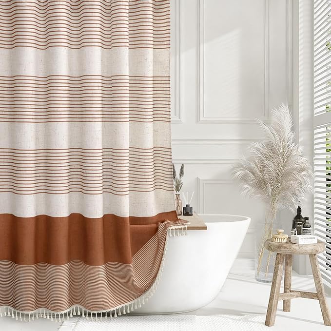 XOGUIBO Fall Shower Curtain Boho Linen Striped Shower Curtains for Bathroom with Tassel 72 X 72 Orange
