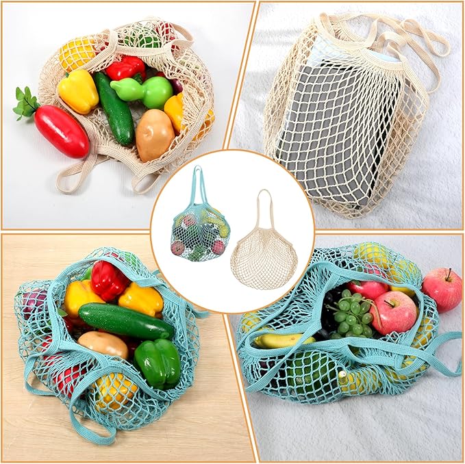 Xelsluthe 2 PCS Cotton Mesh Grocery Bags, Reusable Mesh Produce Net Bags, Long Handle String Shopping Tote Bag for Fruit Veggie Food Storage