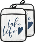 Lake Life Gifts Pot Holders with Pockets, Lake Life House Gifts for Cabin Owners Women Oven Pot Holders Heat Resistant Oven Mitts Hot Pads for Kitchen Baking Cooking (White)
