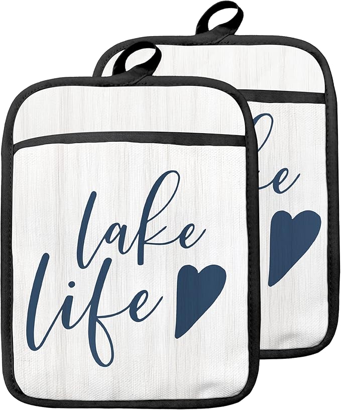 Lake Life Gifts Pot Holders with Pockets, Lake Life House Gifts for Cabin Owners Women Oven Pot Holders Heat Resistant Oven Mitts Hot Pads for Kitchen Baking Cooking (White)