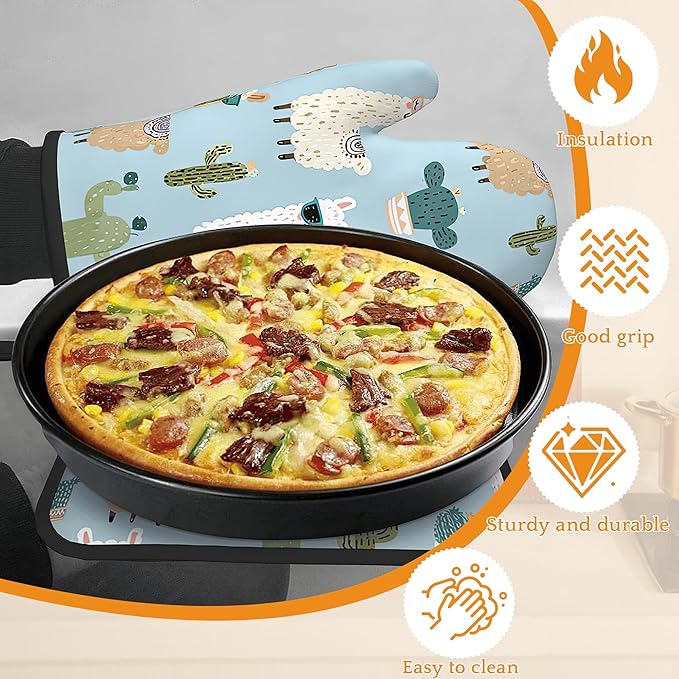 Cute Alpacas Oven Mitts and Pot Holders Set,Cactus Kitchen Decor Heat Resistant Non Slip Hot Pads and Oven Mitt for Chef Cooking Baking BBQ Mom Girl Gifts(4 Piece Set)