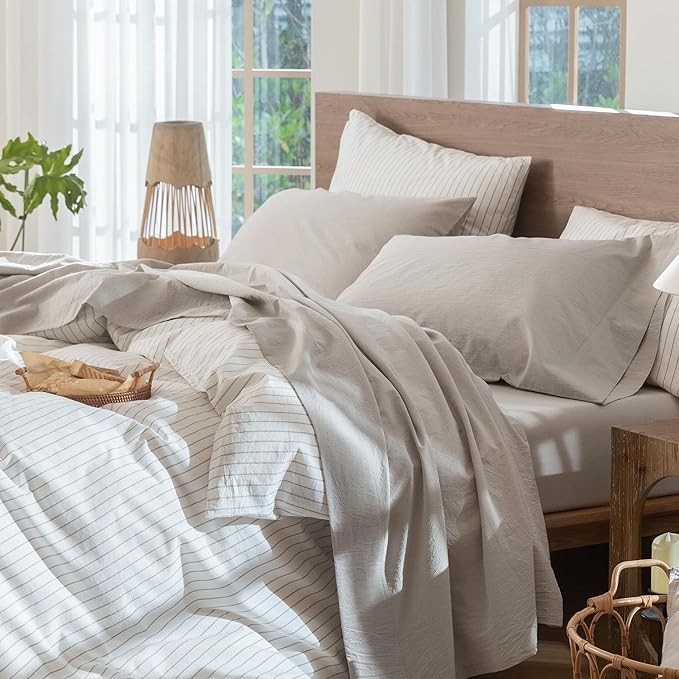 MooMee Bedding Sheet Set 100% Washed Cotton Linen Like Textured Breathable Durable Soft Comfy (Solid Light Tan, Full)