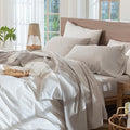 MooMee Bedding Sheet Set 100% Washed Cotton Linen Like Textured Breathable Durable Soft Comfy (Solid Light Tan, Full)