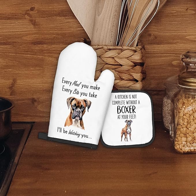 Boxer Dog Gifts Oven Mitts and Pot Holders Sets, Boxer Dog Decor Kitchen Accessories Sets, Complete Without a Boxer Dog Heat Resistant Oven Glove Potholders for Kitchen Baking Cooking